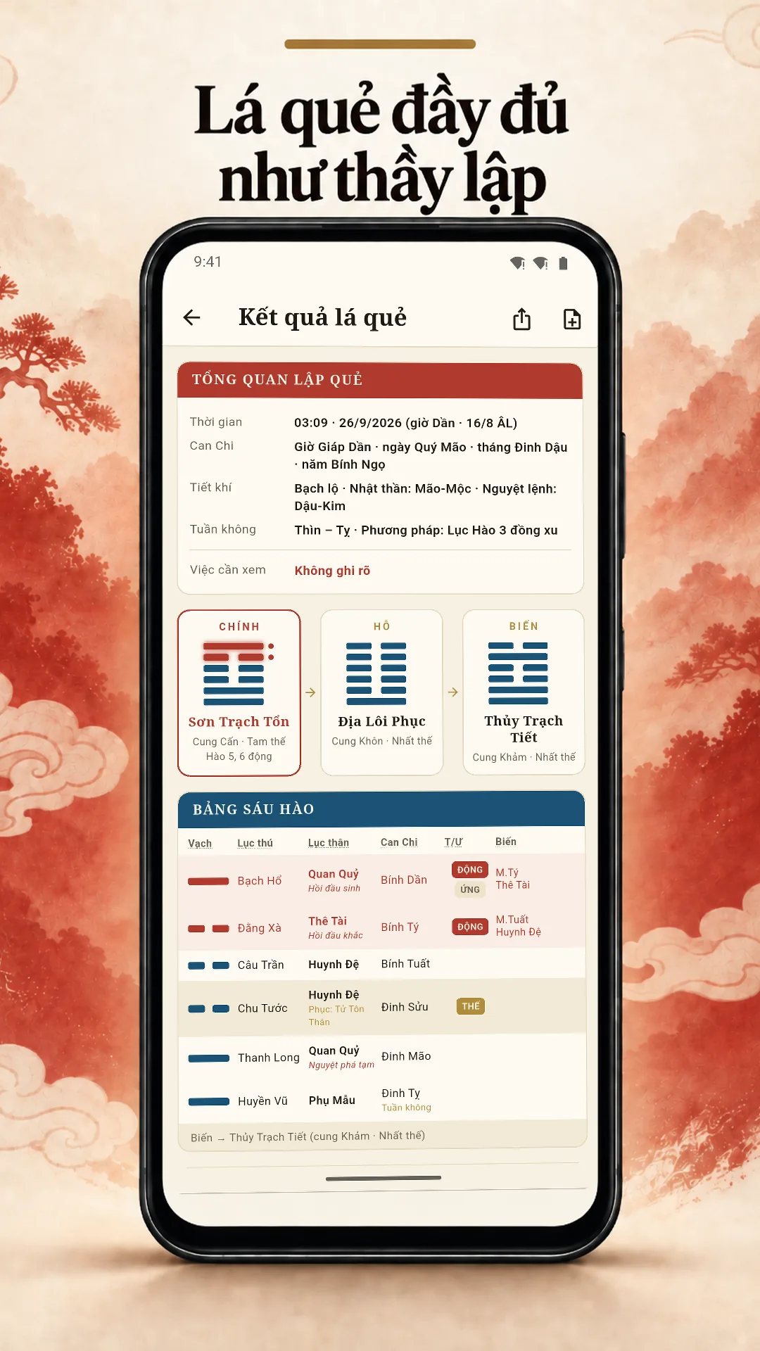 Lá quẻ đầy đủ: tổng quan can chi, ba quẻ Chính – Hỗ – Biến và bảng sáu hào có nạp giáp, lục thân, thế ứng