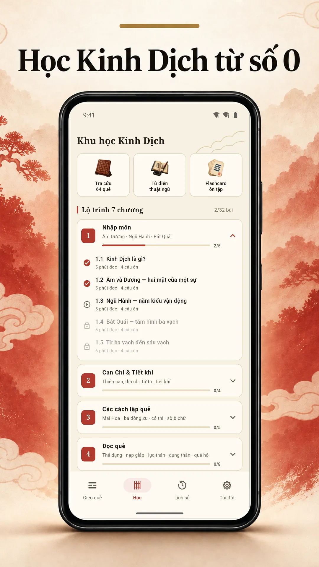 Khu học Kinh Dịch: lộ trình bảy chương, chương Nhập môn mở sẵn danh sách bài kèm thanh tiến độ