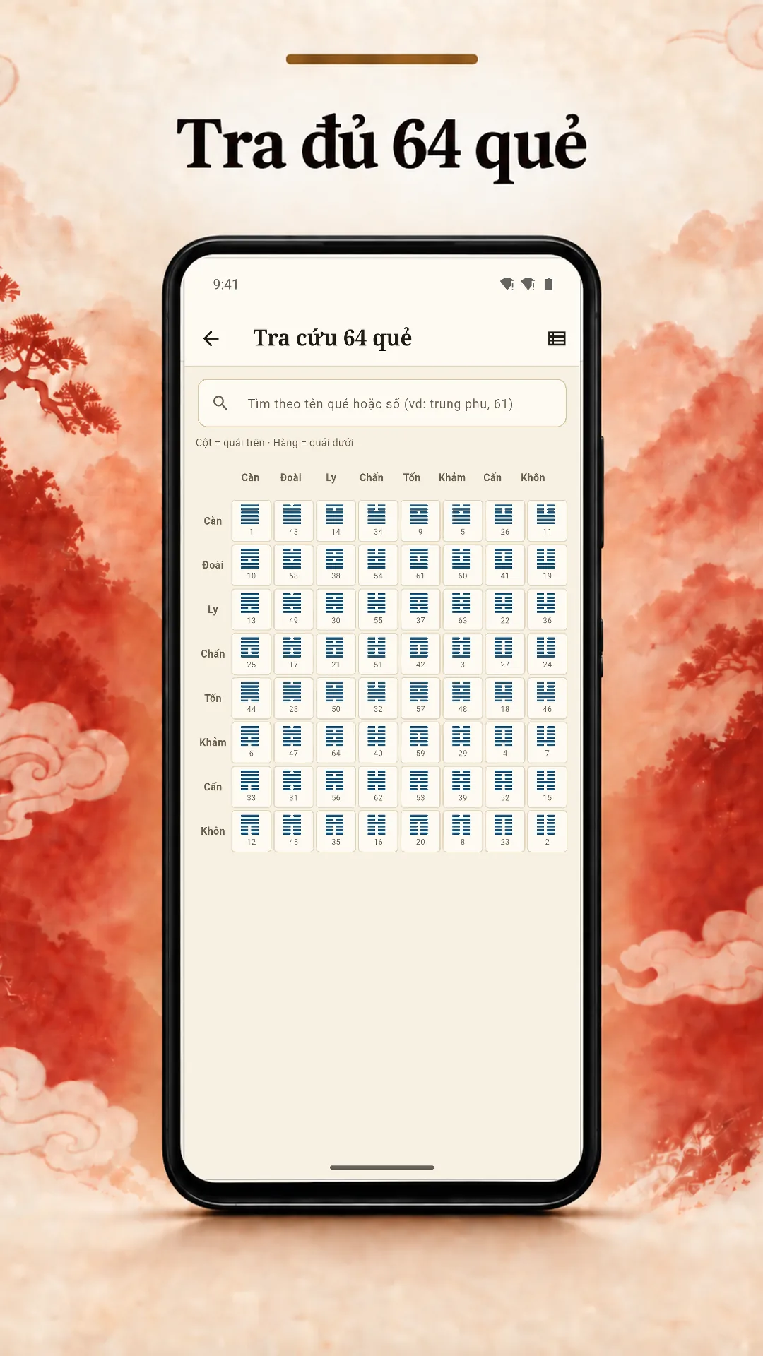 Bảng tra 64 quẻ xếp lưới tám nhân tám: cột là quái trên, hàng là quái dưới, có ô tìm theo tên hoặc số