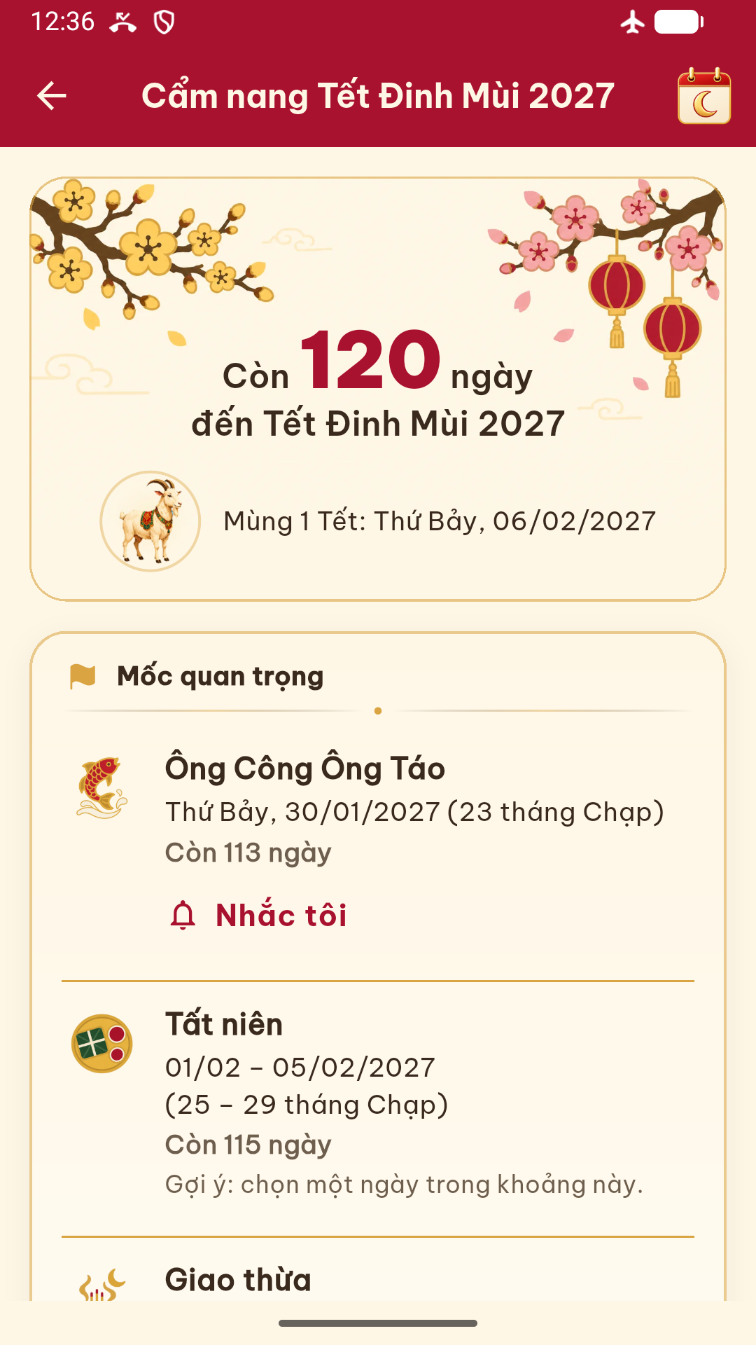 Màn hình Cẩm nang Tết Đinh Mùi 2027 đếm ngược đến Tết và liệt kê mốc ông Công ông Táo, tất niên, giao thừa