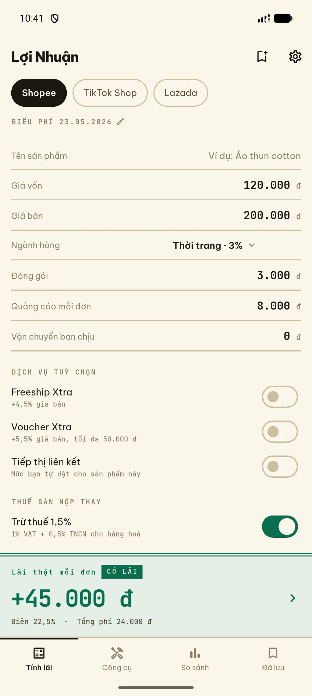 Màn hình tính lãi thật của ứng dụng Lợi Nhuận
