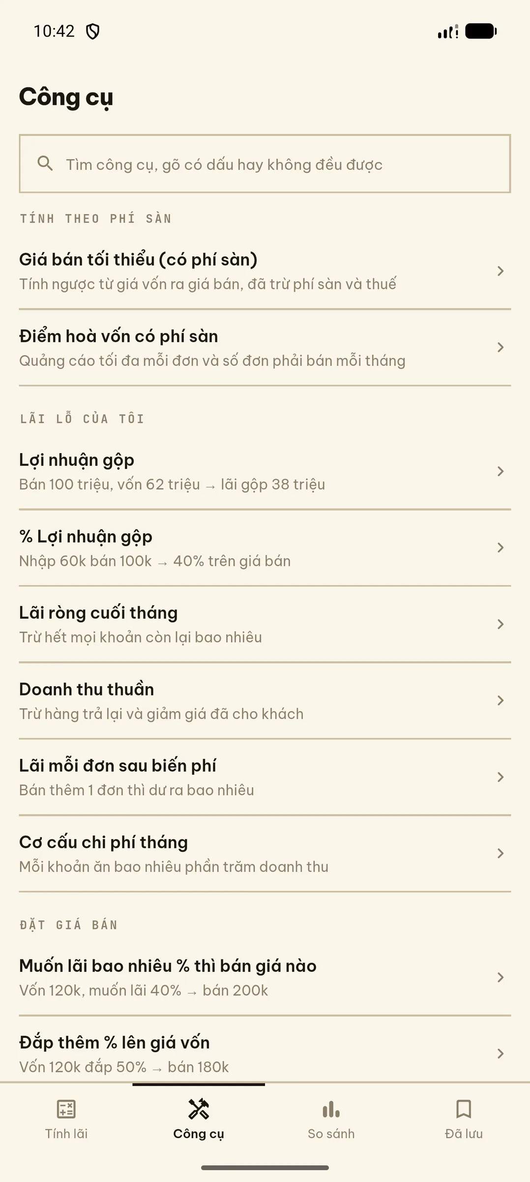 Danh mục 32 công cụ tính toán kinh doanh trong ứng dụng Lợi Nhuận