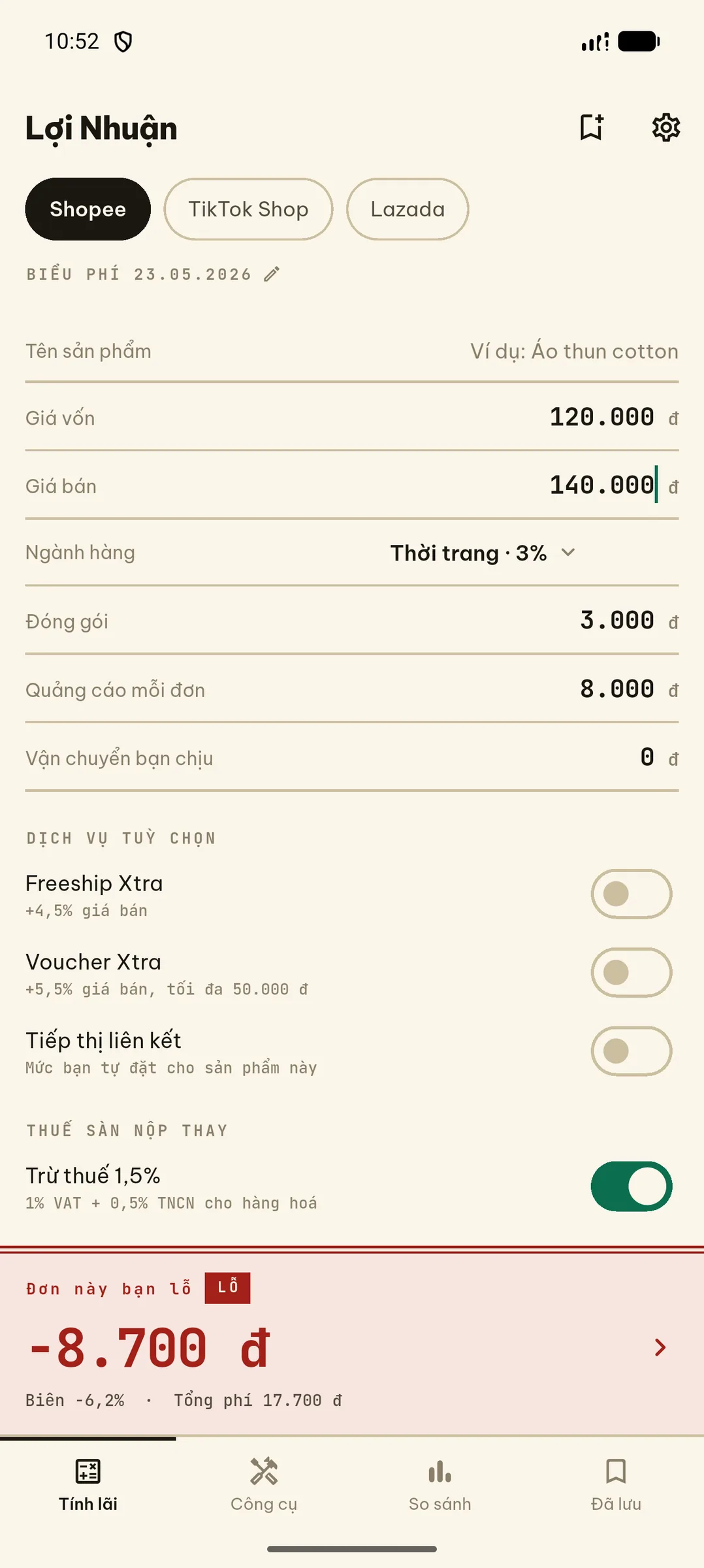Trạng thái cảnh báo lỗ màu đỏ trong ứng dụng Lợi Nhuận