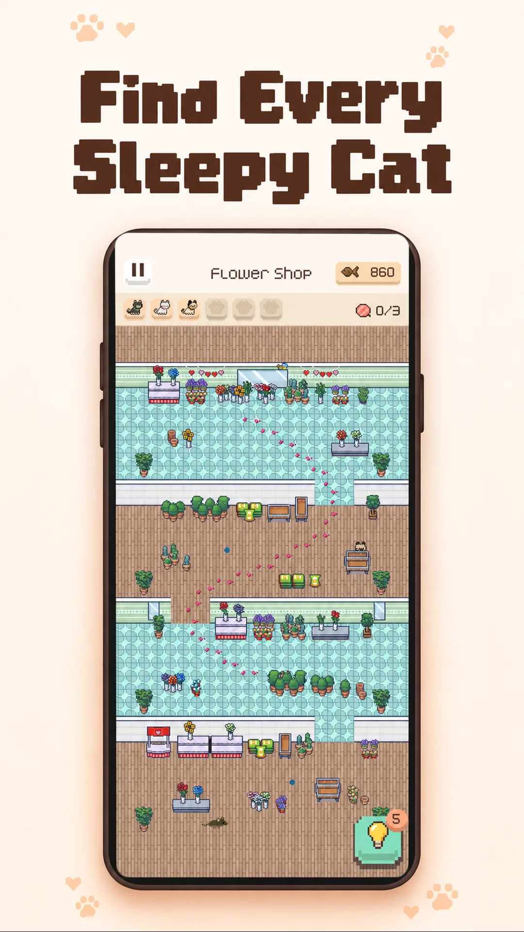 A pixel-art flower shop seen from above with small cats tucked among the flowers and shelves