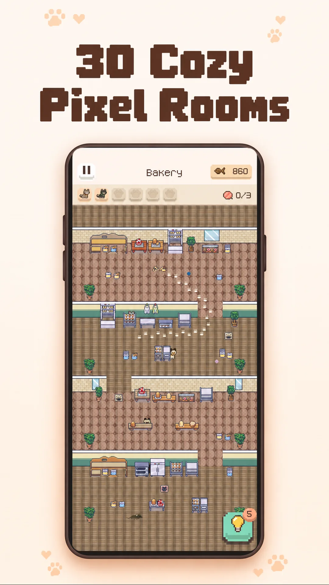 A pixel-art bakery room with counters and tables, one of thirty rooms to search for cats