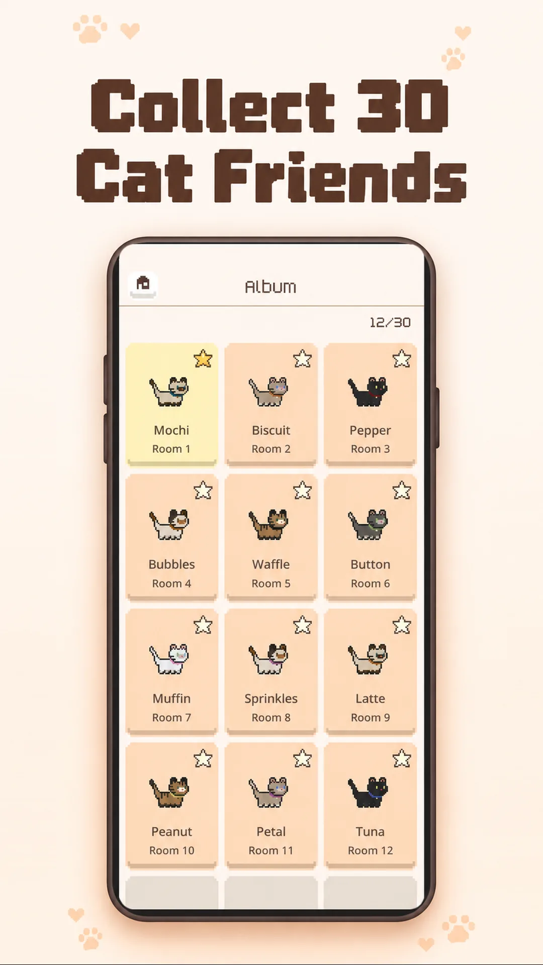 An album grid of collected cat friends with their names and the room each one came from