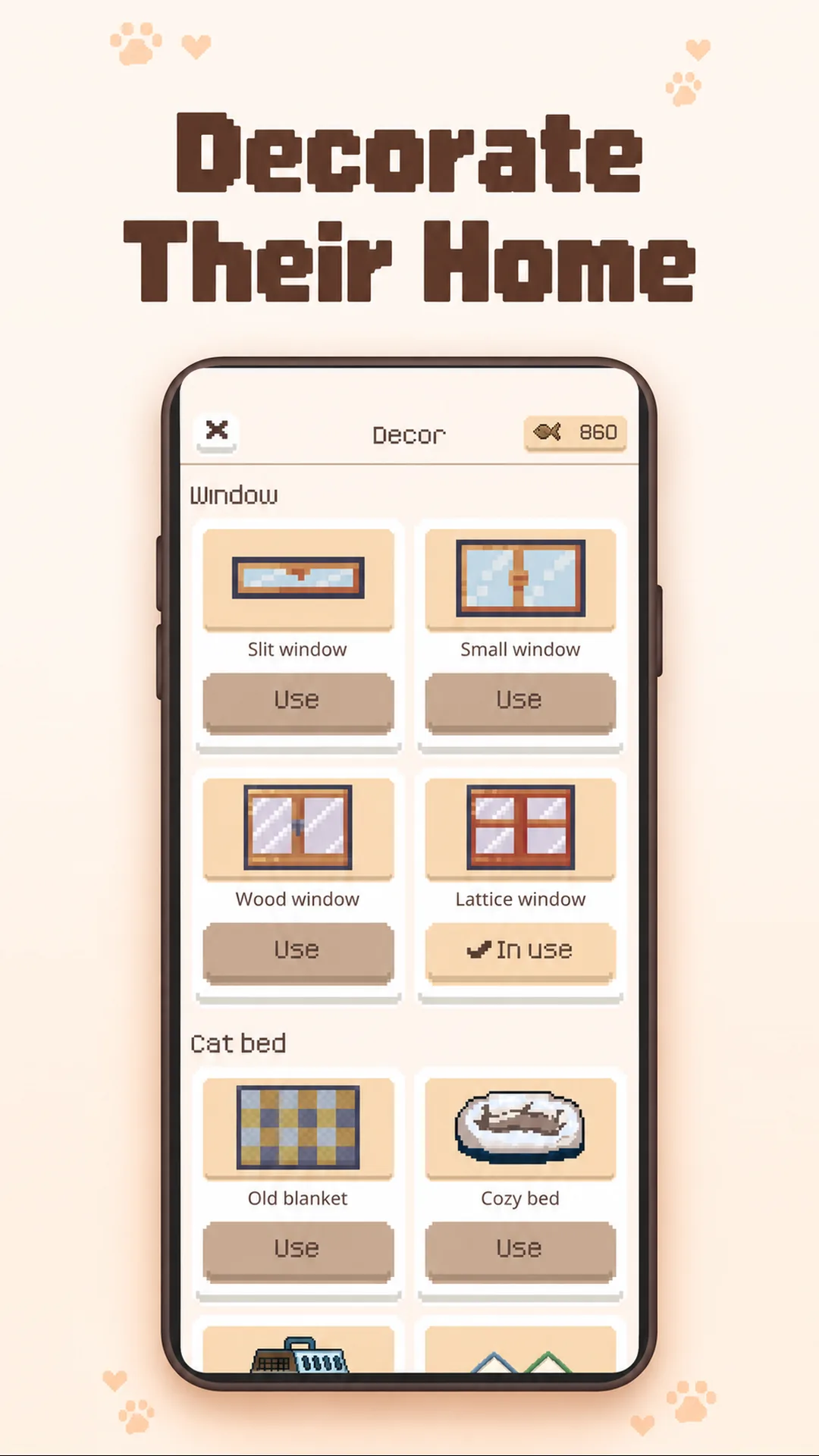A decor shop listing windows and cat beds that can be placed in the cat house