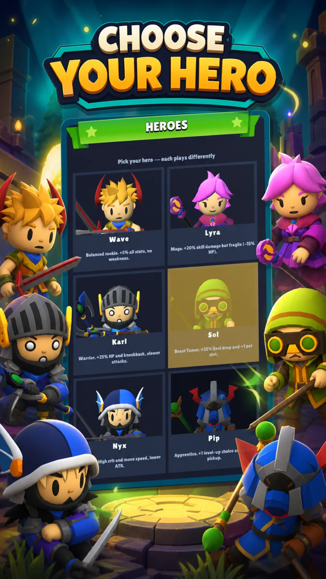 Roguelike upgrade choices during a Monster Survivor battle