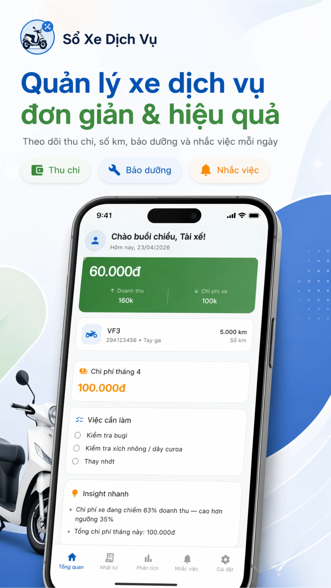 Dashboard quản lý xe dịch vụ và lãi ròng