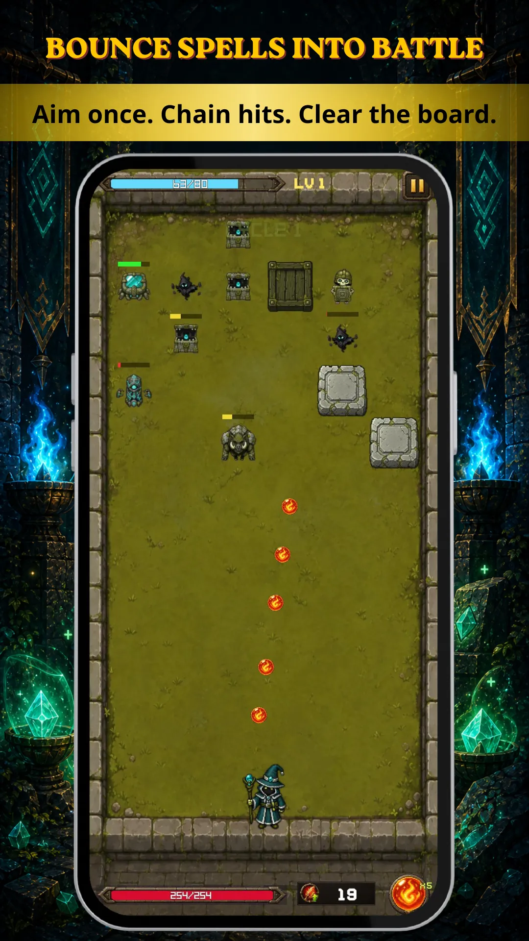 Rune Bounce gameplay showing magic spell shots bouncing through enemies and blocks