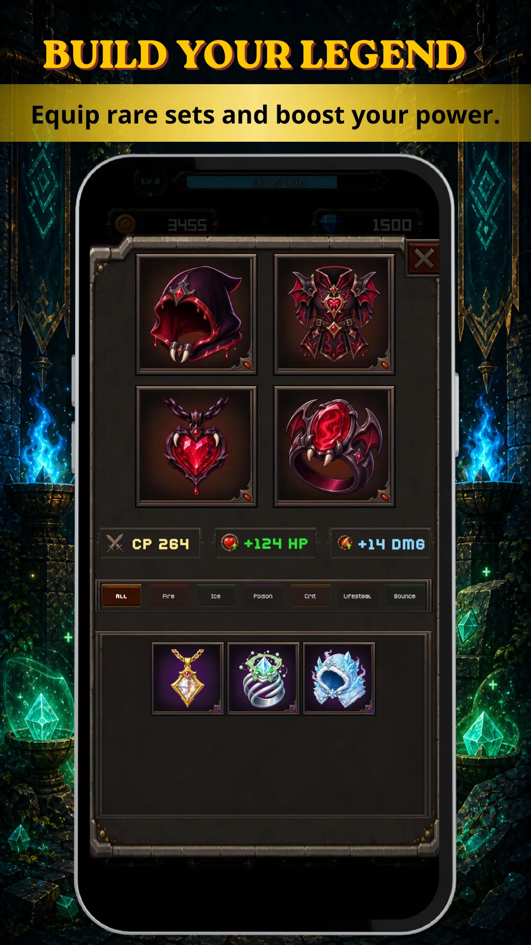 Rune Bounce gear inventory showing equipment and character progression