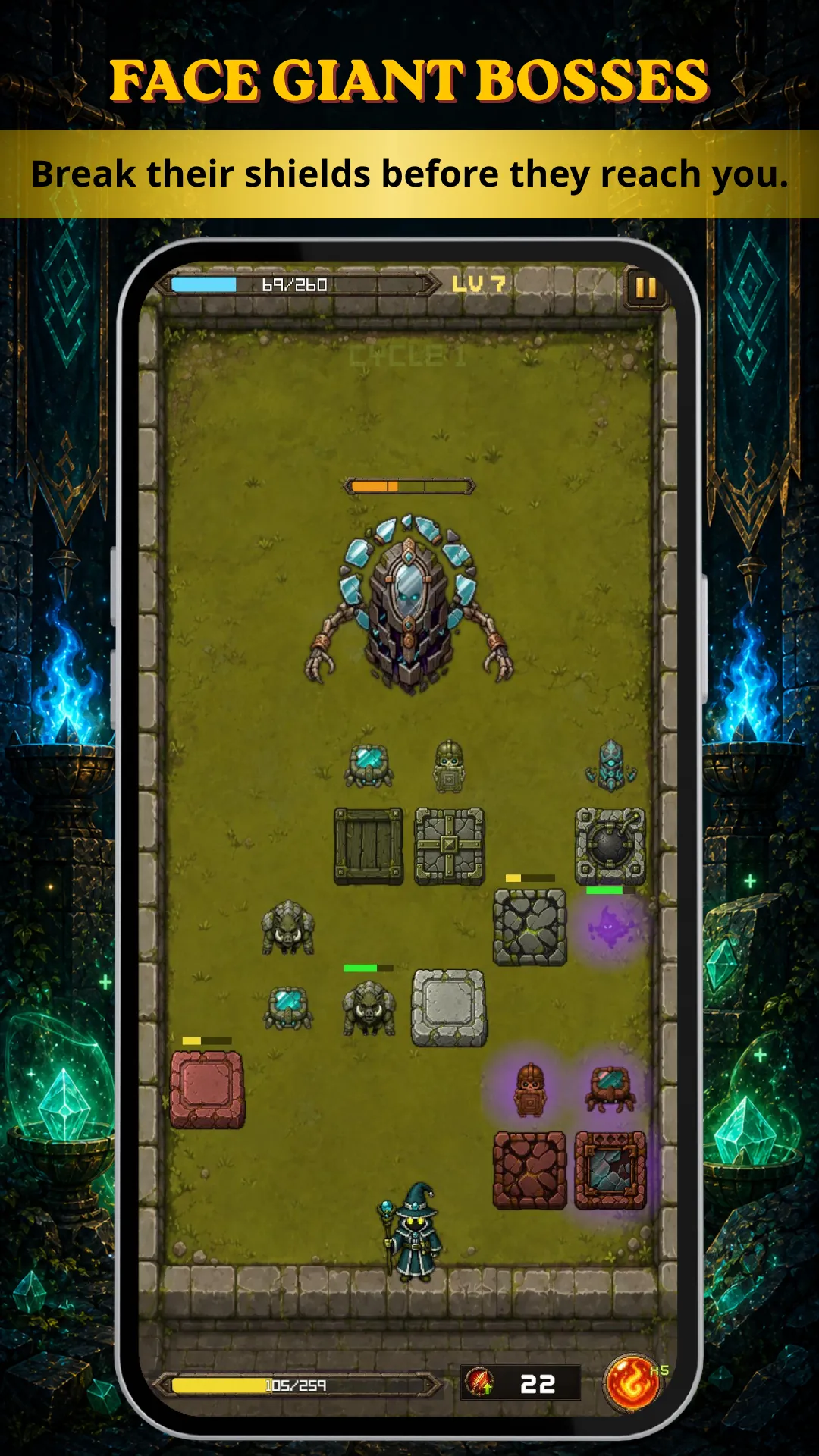 Rune Bounce boss battle with a giant enemy and spell projectiles in the arena