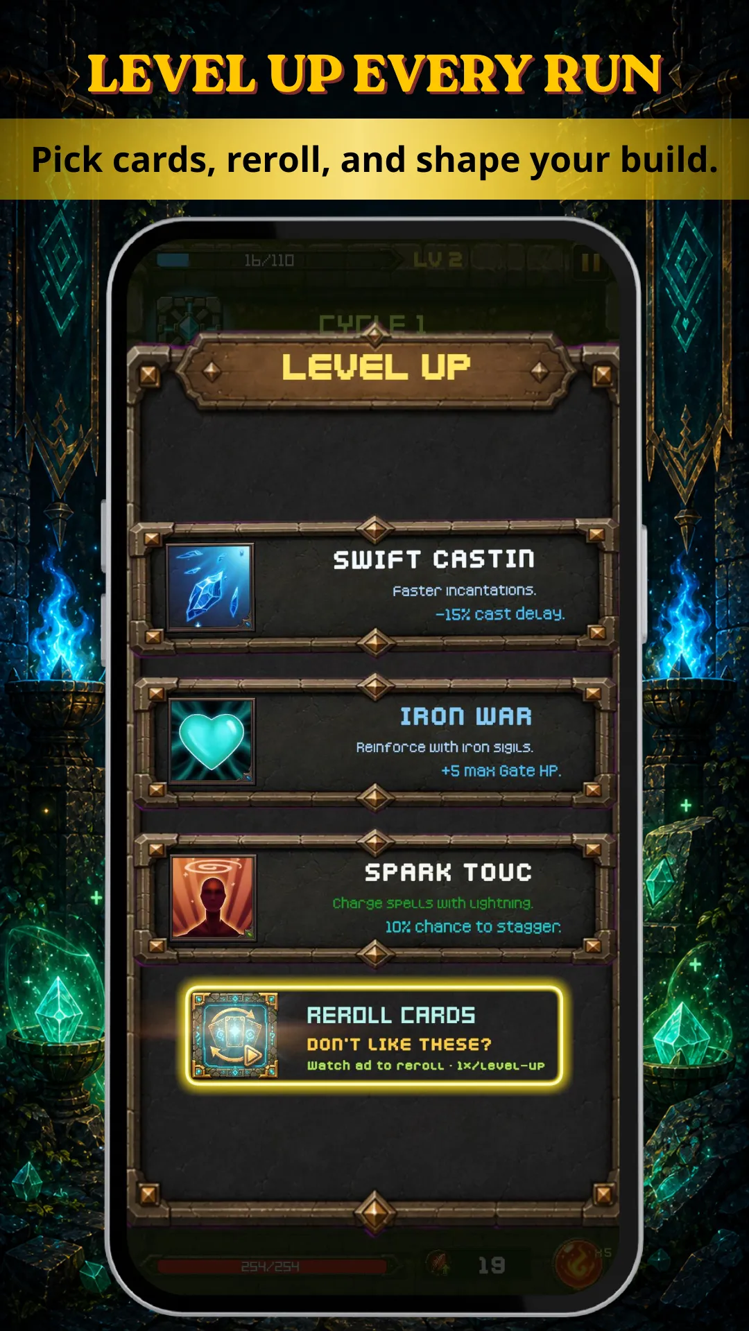 Rune Bounce upgrade card selection with roguelite spell and stat choices