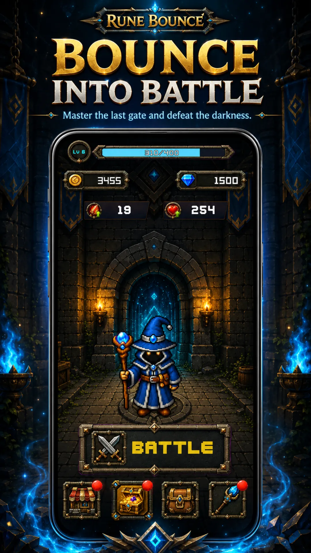 Rune Bounce main screen with wizard, battle button, coins, gems, and gear menu