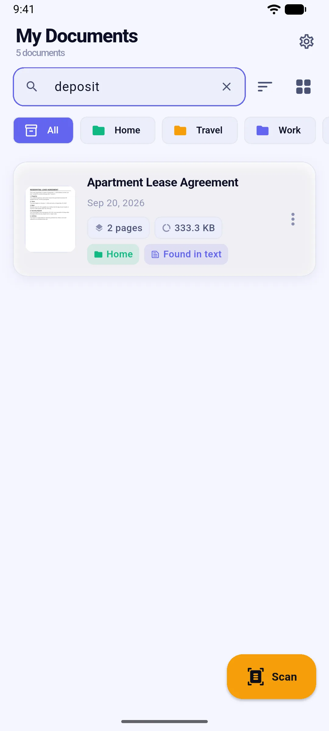Search finds a word inside a scanned document
