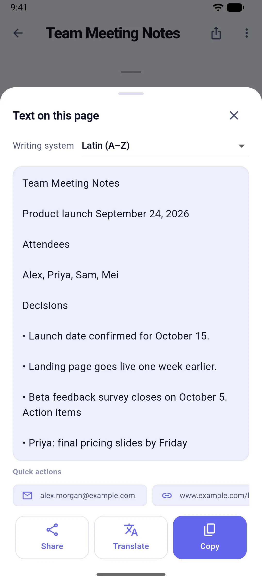 Recognized text with quick actions for email and links