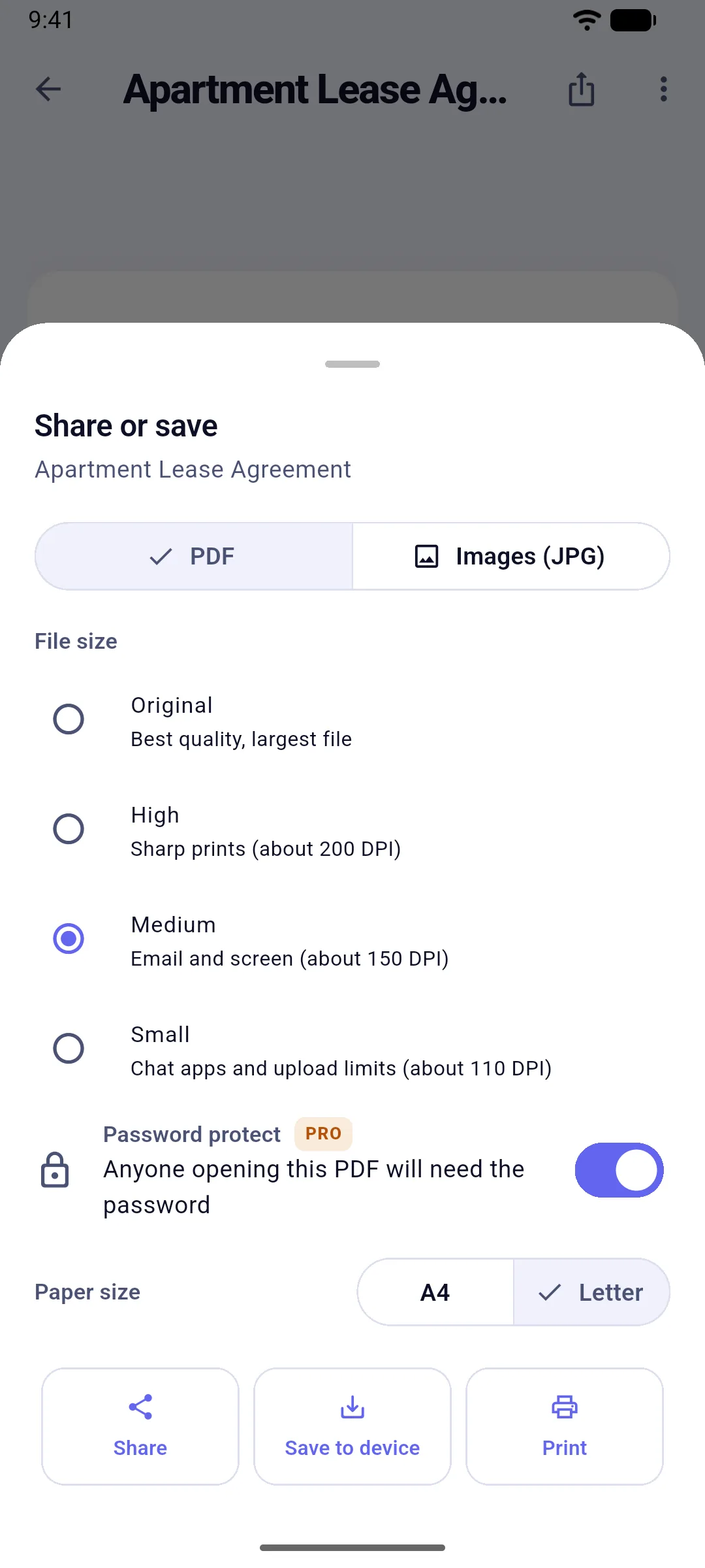 Export options with PDF password protection