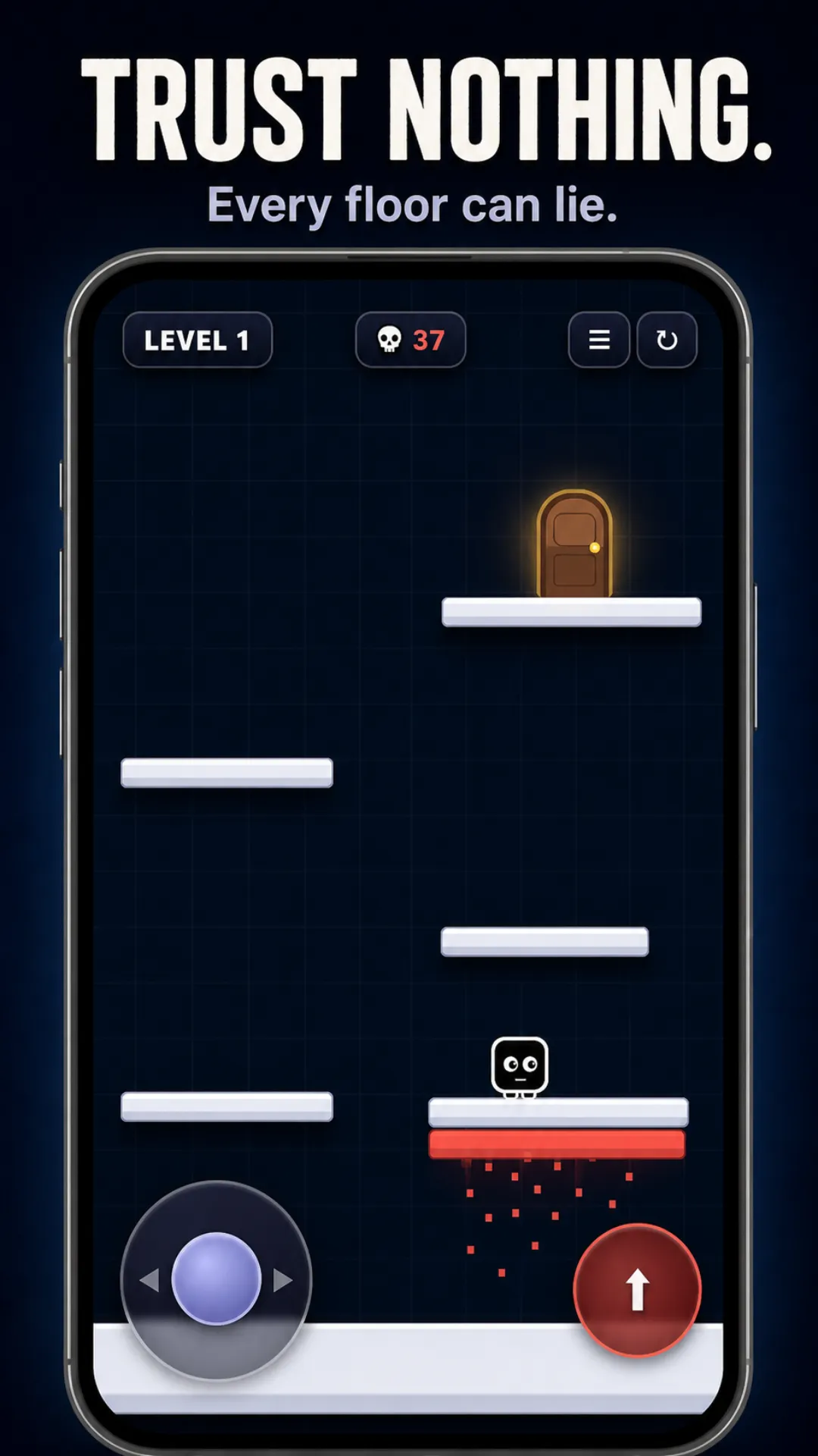 Trap Tower Level 1 gameplay with a character beside a red fake floor crumbling away, a goal door, and touch controls