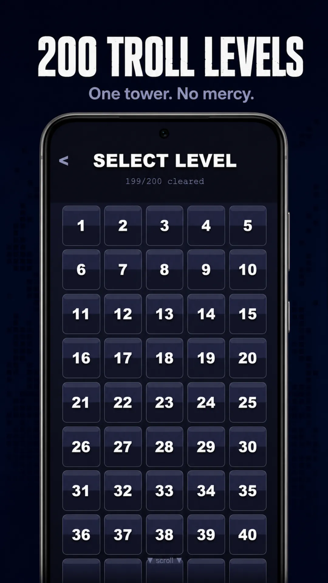 Trap Tower level select screen showing a grid of numbered levels with 199 of 200 cleared