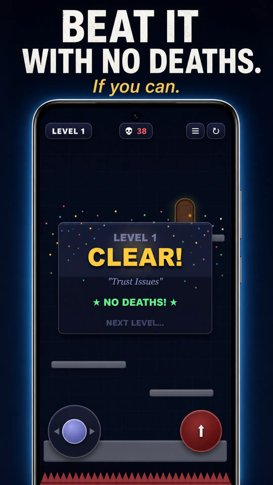 Trap Tower level clear overlay celebrating a no-death run with confetti
