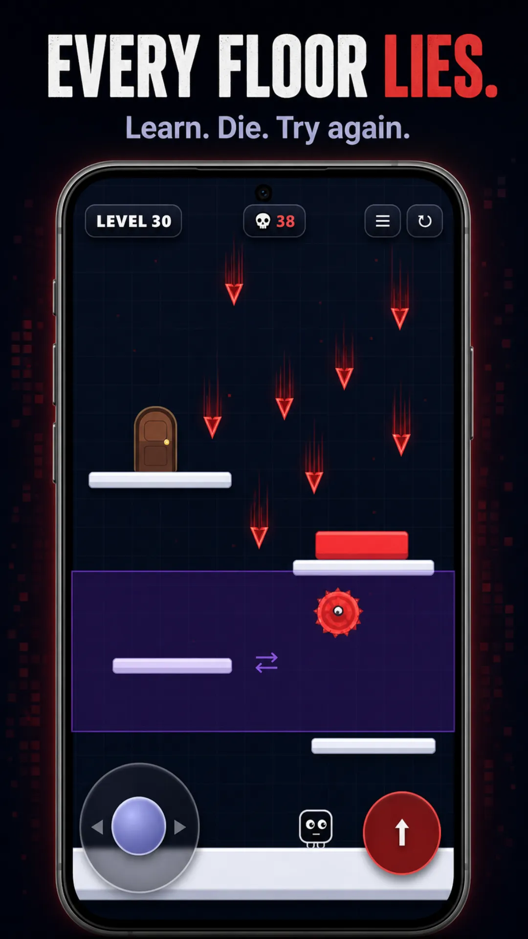 Trap Tower Level 30 with red spikes raining from the ceiling, a saw blade, and a fake floor block