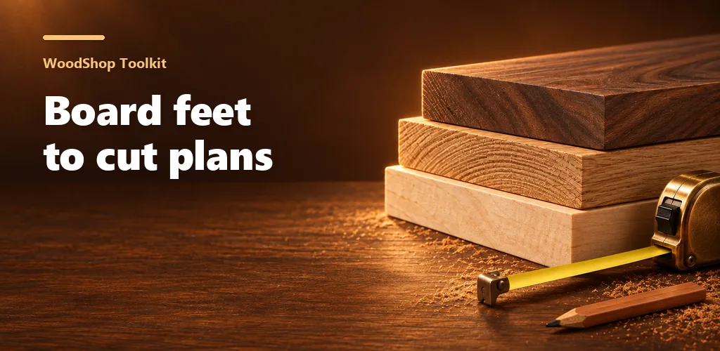 WoodShop Toolkit banner: Board feet to cut plans, with stacked hardwood boards and a tape measure